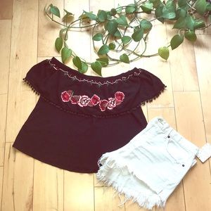 🌺Floral Embroidered Black Off the Shoulder top🌺